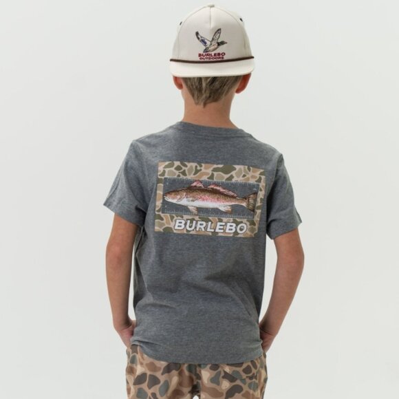 BURLEBO Youth Short Sleeve Pocket Tee KEEPER REDFISH - SS - DARK HEATHER GREY - Picture 1 of 2